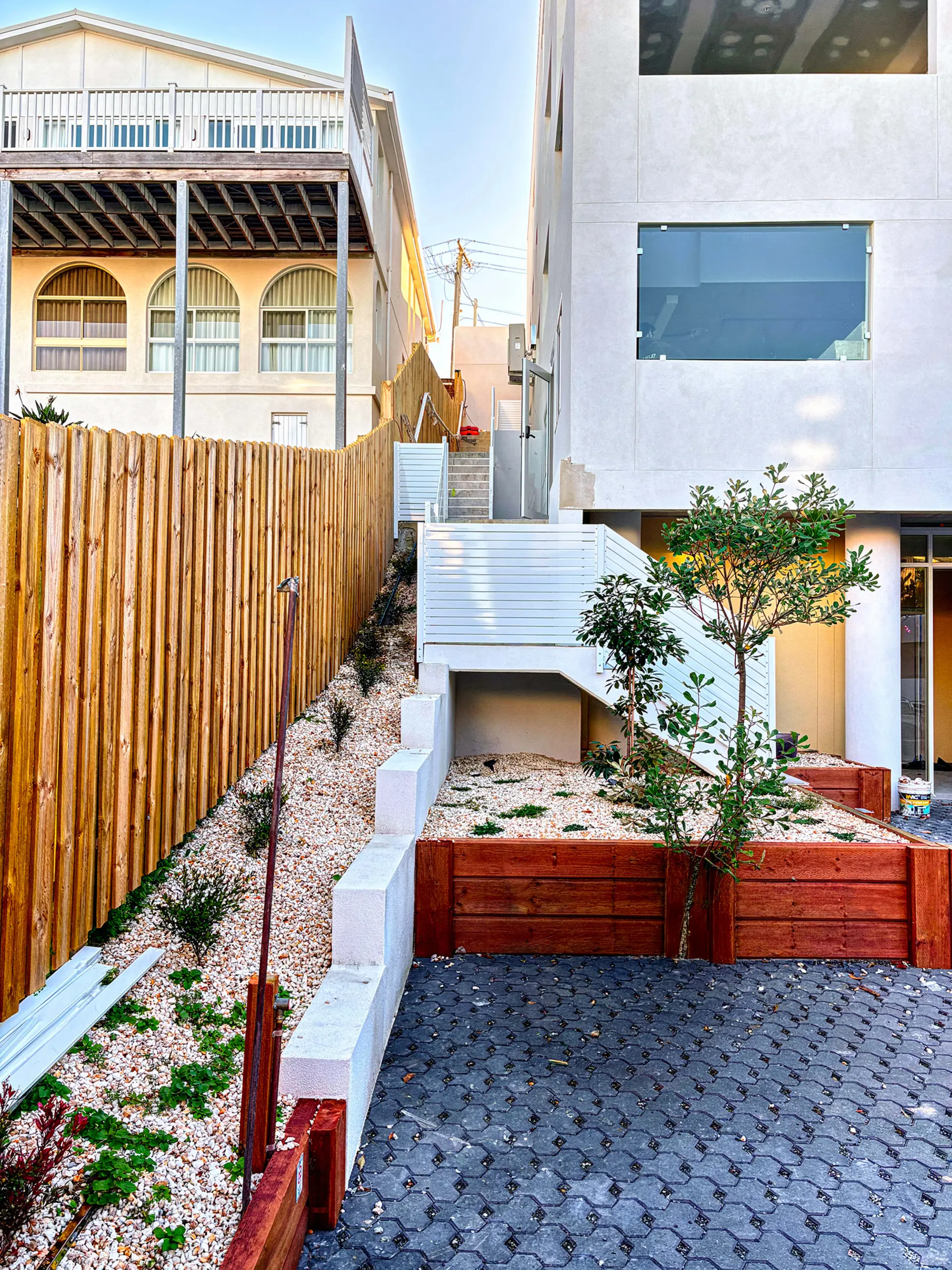 Residential side passage stairs.
