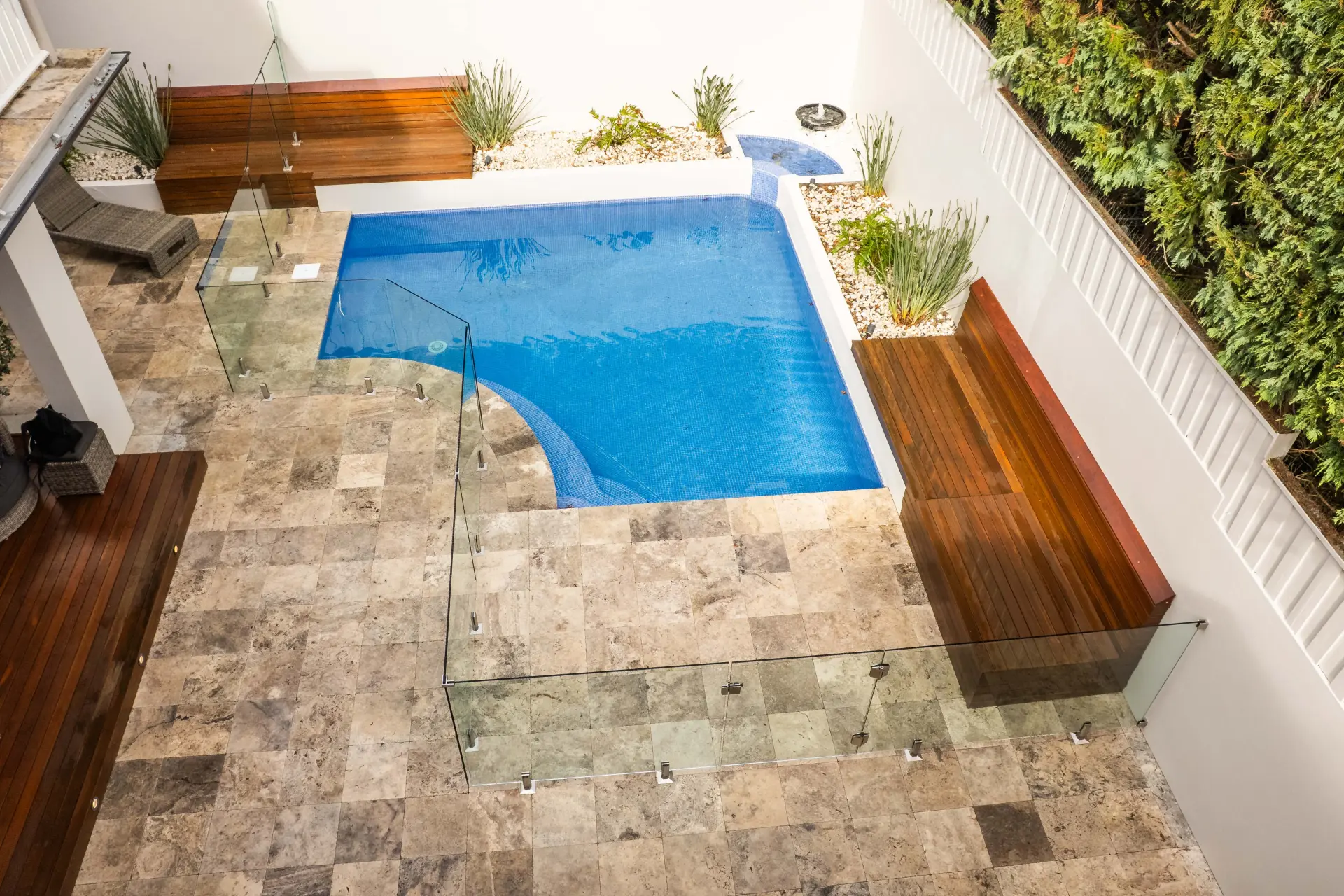 Pool glass fencing overhead courtyard.